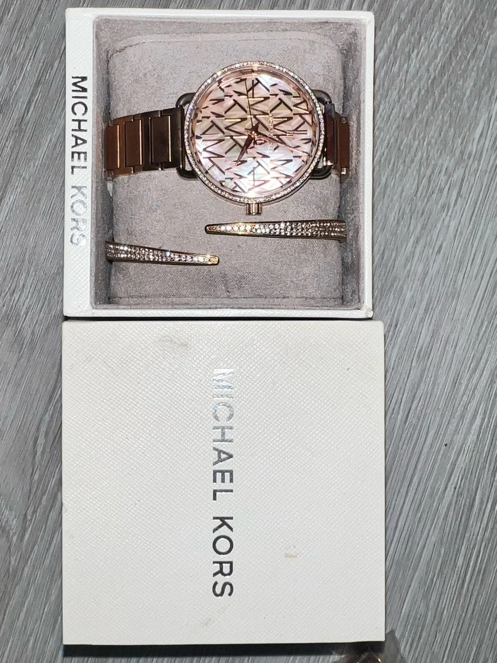 Michael Kors Rose Gold Logo Pattern Watch with Matching Bangle Set